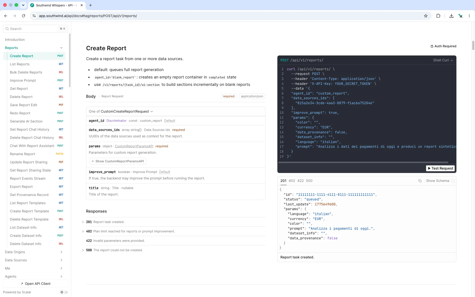 Southwind API documentation for creating a report with request and response examples
